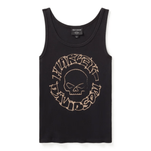 Women's Willie G Circle Skull Sketch Art Ribbed Tank - True Black