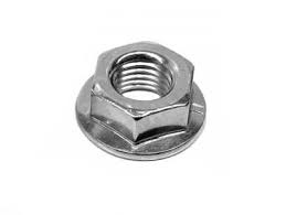Metal flange nut: hexagonal outer shape with a wider, washer-like flange and a threaded central bore.