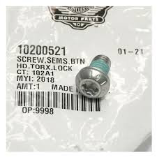 Torx lock button-head screw in a plastic bag with a label showing part number 10200521 and a barcode.