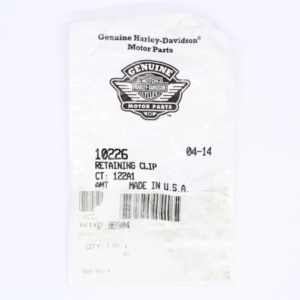 Harley-Davidson Genuine Motor Parts packaging label for a retaining clip, showing the logo, part number, and 'Made in USA'