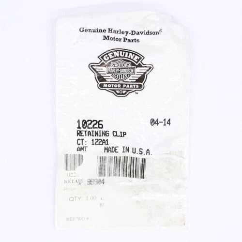 Harley-Davidson Genuine Motor Parts packaging label for a retaining clip, showing the logo, part number, and 'Made in USA'