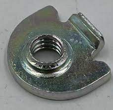 Shiny metal flange nut with a single wing and internal threads, shown from the top.