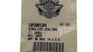 Harley-Davidson Genuine Motor Parts label with part number 10500104, date 02-18, Made in USA, and a barcode.