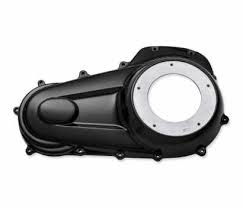 Black motorcycle engine crankcase cover with a large circular opening and silver rim on white background.