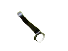Green-handled bottle opener with a curved metal head on a black background