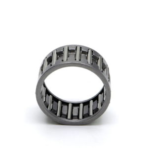 Cylindrical roller bearing ring with multiple steel rollers between inner and outer races, shown in close-up on a white background.