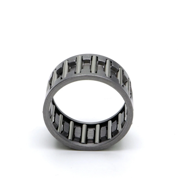 Cylindrical roller bearing ring with multiple steel rollers between inner and outer races, shown in close-up on a white background.
