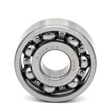 Metal ball bearing with inner and outer rings and steel balls, facing front.