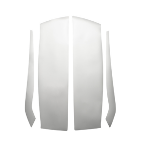 Abstract white curved panels arranged in a loose arch against a white background.
