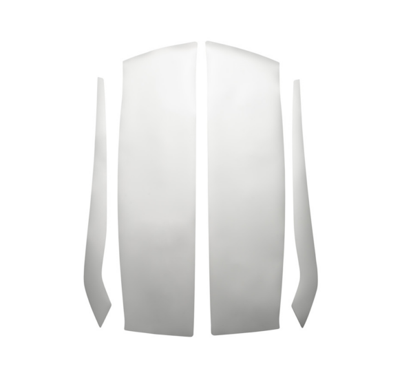 Abstract white curved panels arranged in a loose arch against a white background.