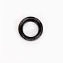 Close-up of a black rubber O-ring on a white background.