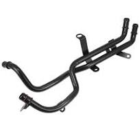 Black automotive exhaust pipe assembly with multiple bends, mounting clamps, and hangers