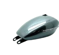 Shiny metallic motorcycle fuel tank with three mounting tabs on one end.