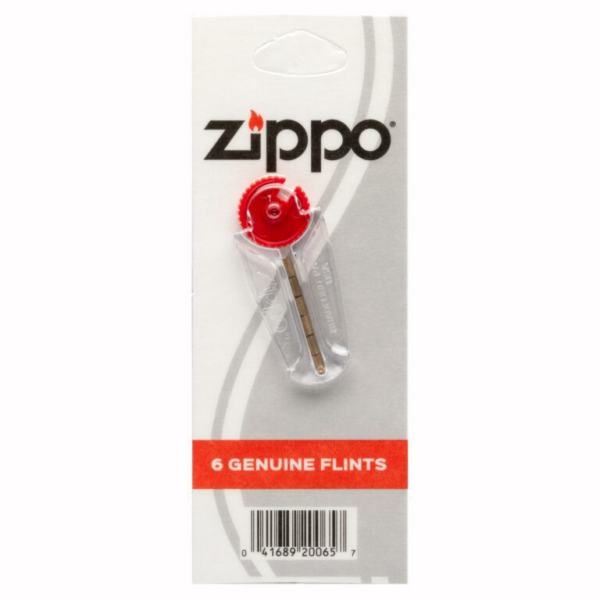 Zippo replacement flints kit: six genuine flints in a clear blister on gray packaging with red accent and barcode area.