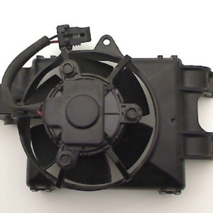 Electric cooling fan assembly for a vehicle, with mounting brackets and a wiring connector.