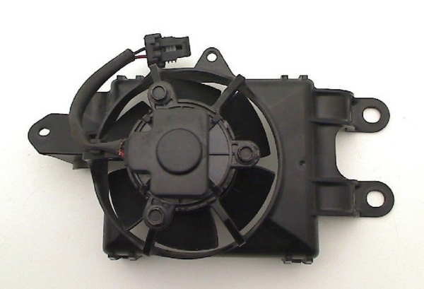 Electric cooling fan assembly for a vehicle, with mounting brackets and a wiring connector.