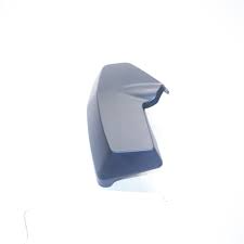 Curved gray plastic chair backrest with a blue underside seen from the side on a white background