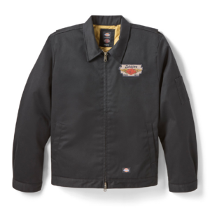 Dark gray Dickies jacket with zip front and yellow lining, patch logo on left chest.
