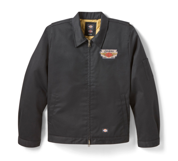 Dark gray Dickies jacket with zip front and yellow lining, patch logo on left chest.