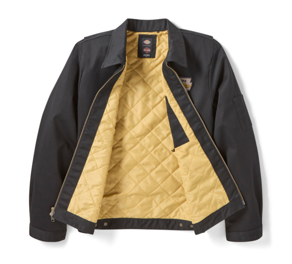 Black bomber jacket opened to reveal tan quilted lining and an interior zip pocket on the left side.