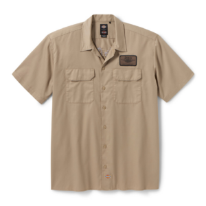 Beige short-sleeve button-up work shirt with two chest pockets and a left chest patch label (Dickies)