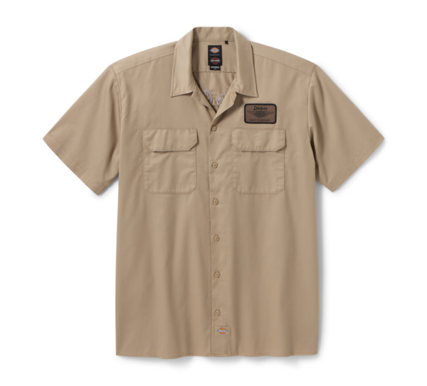 Beige short-sleeve button-up work shirt with two chest pockets and a left chest patch label (Dickies)