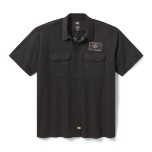 Black short-sleeve work shirt with two chest pockets and a Dickies logo patch on the chest shelf.