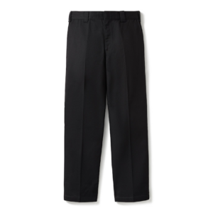 Black trousers with a flat front and belt loops, full-length straight-fit pants against a white background