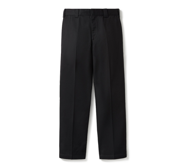 Black trousers with a flat front and belt loops, full-length straight-fit pants against a white background