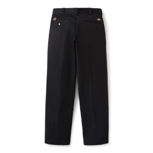 Back view of black dress pants with belt loops and two rear pockets, small logo patches visible near pockets