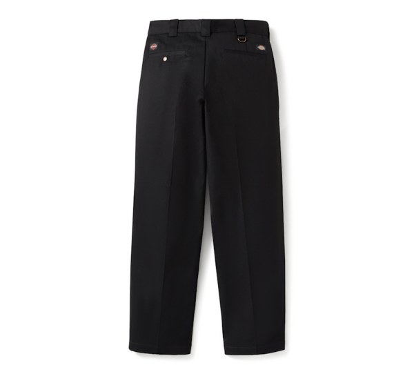 Back view of black dress pants with belt loops and two rear pockets, small logo patches visible near pockets
