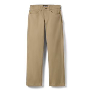 Beige khaki pants with belt loops, front pockets, and a right-side cargo pocket on the leg.