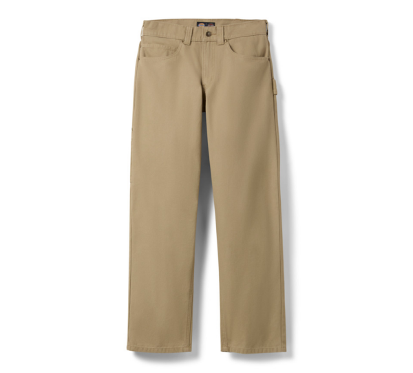 Beige khaki pants with belt loops, front pockets, and a right-side cargo pocket on the leg.