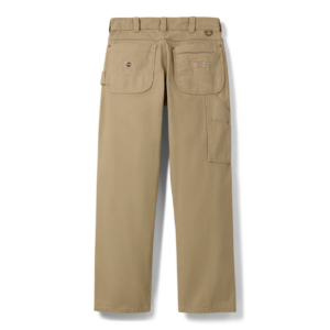 Khaki back view of cargo pants with two rear pockets and a right-side cargo pocket, belt loops visible and brand patch on left rear pocket area.
