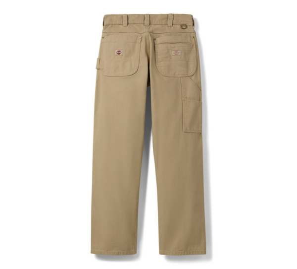 Khaki back view of cargo pants with two rear pockets and a right-side cargo pocket, belt loops visible and brand patch on left rear pocket area.