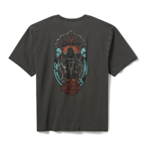 Charcoal T-shirt back with a Harley‑Davidson motorcycle graphic, flames, turquoise rings, and Dickies branding above the design.