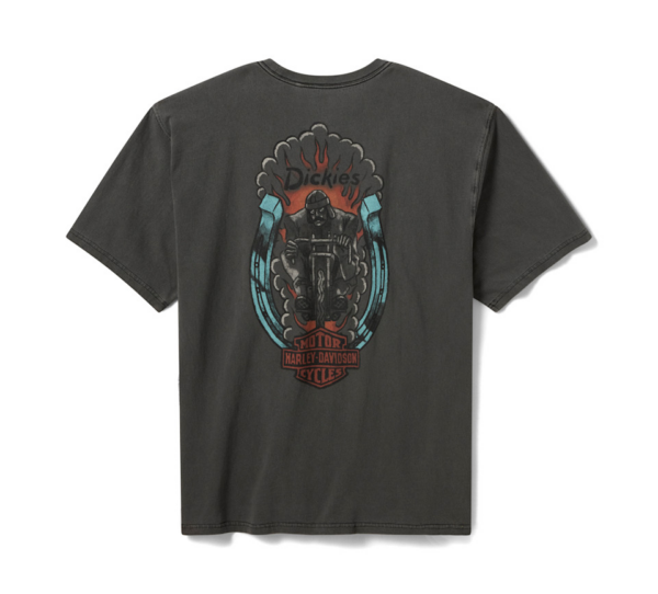 Charcoal T-shirt back with a Harley‑Davidson motorcycle graphic, flames, turquoise rings, and Dickies branding above the design.
