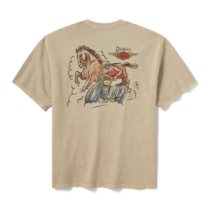 Beige short-sleeve T-shirt with a vintage illustration of a rider on a motorcycle and a galloping horse on the back, featuring Dickies branding and wings emblem.