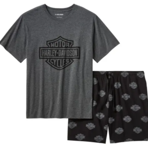 Gray Harley-Davidson T-shirt with a large front logo, paired with black shorts that have a repeating Harley-Davidson logo pattern.