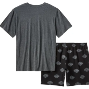Gray short-sleeve T-shirt with black lounge shorts that have a repeating circular logo pattern.