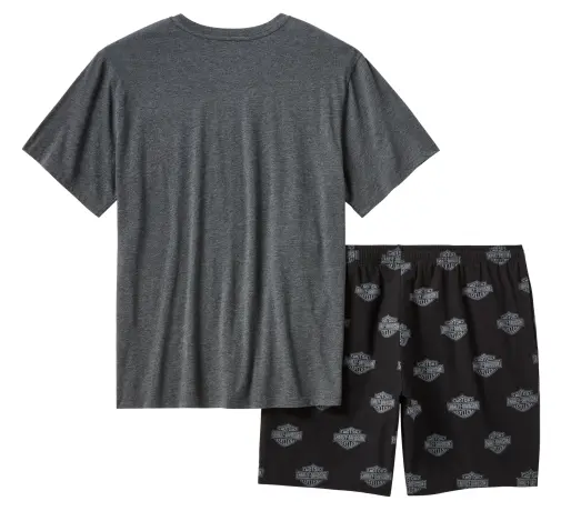 Gray short-sleeve T-shirt with black lounge shorts that have a repeating circular logo pattern.