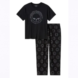 Black T-shirt with Harley-Davidson skull logo paired with black pajama pants featuring a repeating circular logo pattern.