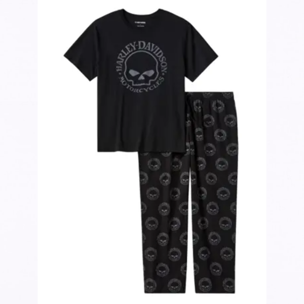 Black T-shirt with Harley-Davidson skull logo paired with black pajama pants featuring a repeating circular logo pattern.