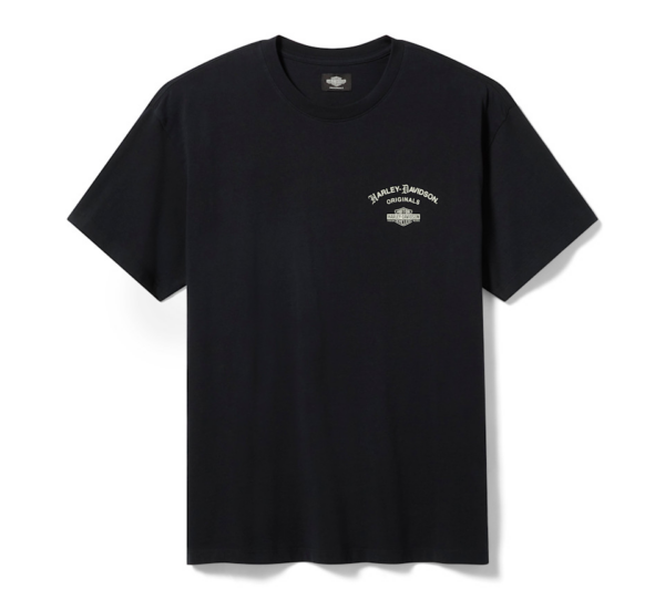 Black short-sleeve T-shirt with a small Harley-Davidson Originals logo on the left chest area.