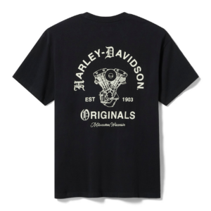 Black T-shirt seen from back with Harley‑Davidson Originals graphic and engine illustration, Milwaukee, Wisconsin.