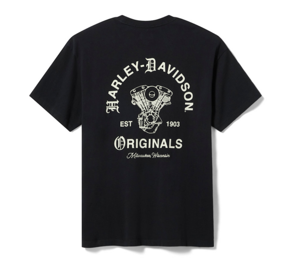 Black T-shirt seen from back with Harley‑Davidson Originals graphic and engine illustration, Milwaukee, Wisconsin.