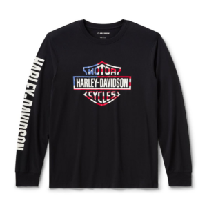 Black long-sleeve T-shirt featuring a red, white, and blue Harley‑Davidson Motor Cycles shield logo on the chest; white 'HARLEY-DAVIDSON' text runs down the left sleeve.