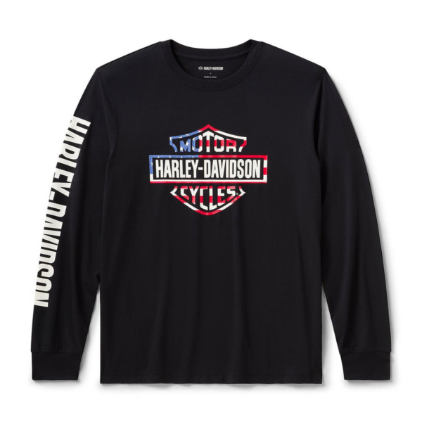96178-26vm | Harley-davidson® Online Black long-sleeve T-shirt featuring a red, white, and blue Harley‑Davidson Motor Cycles shield logo on the chest; white 'HARLEY-DAVIDSON' text runs down the left sleeve.