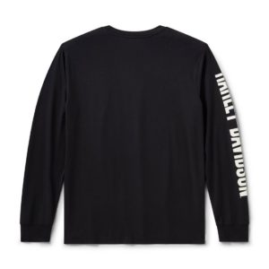 Back view of a black long-sleeve shirt with white 'LIMITED' text running down the right sleeve.