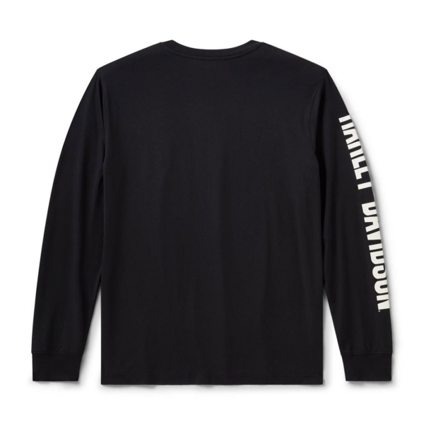 96178-26vm B | Harley-davidson® Online Back view of a black long-sleeve shirt with white 'LIMITED' text running down the right sleeve.